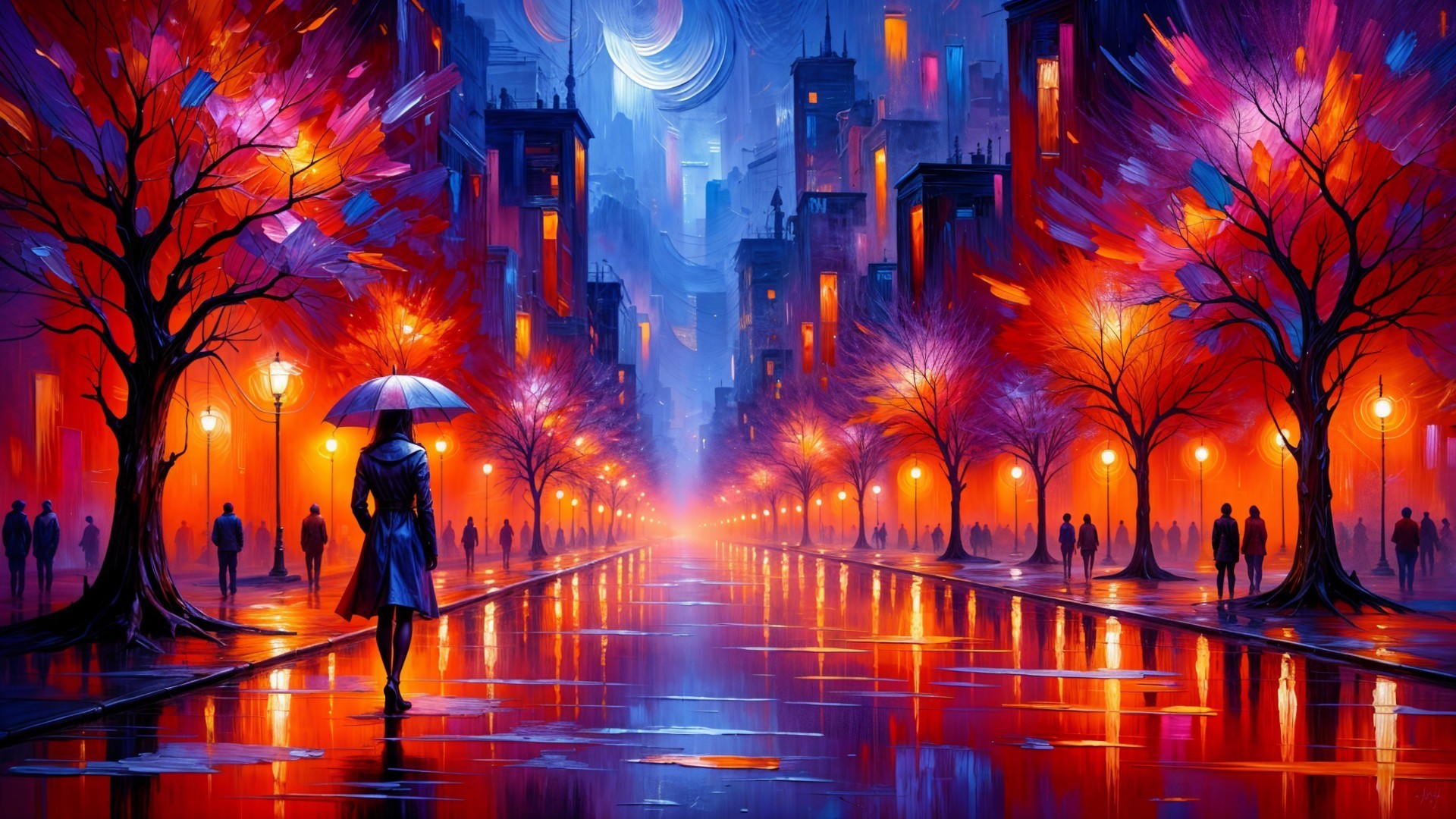 Vibrant City Street at Dusk with Colorful Lights