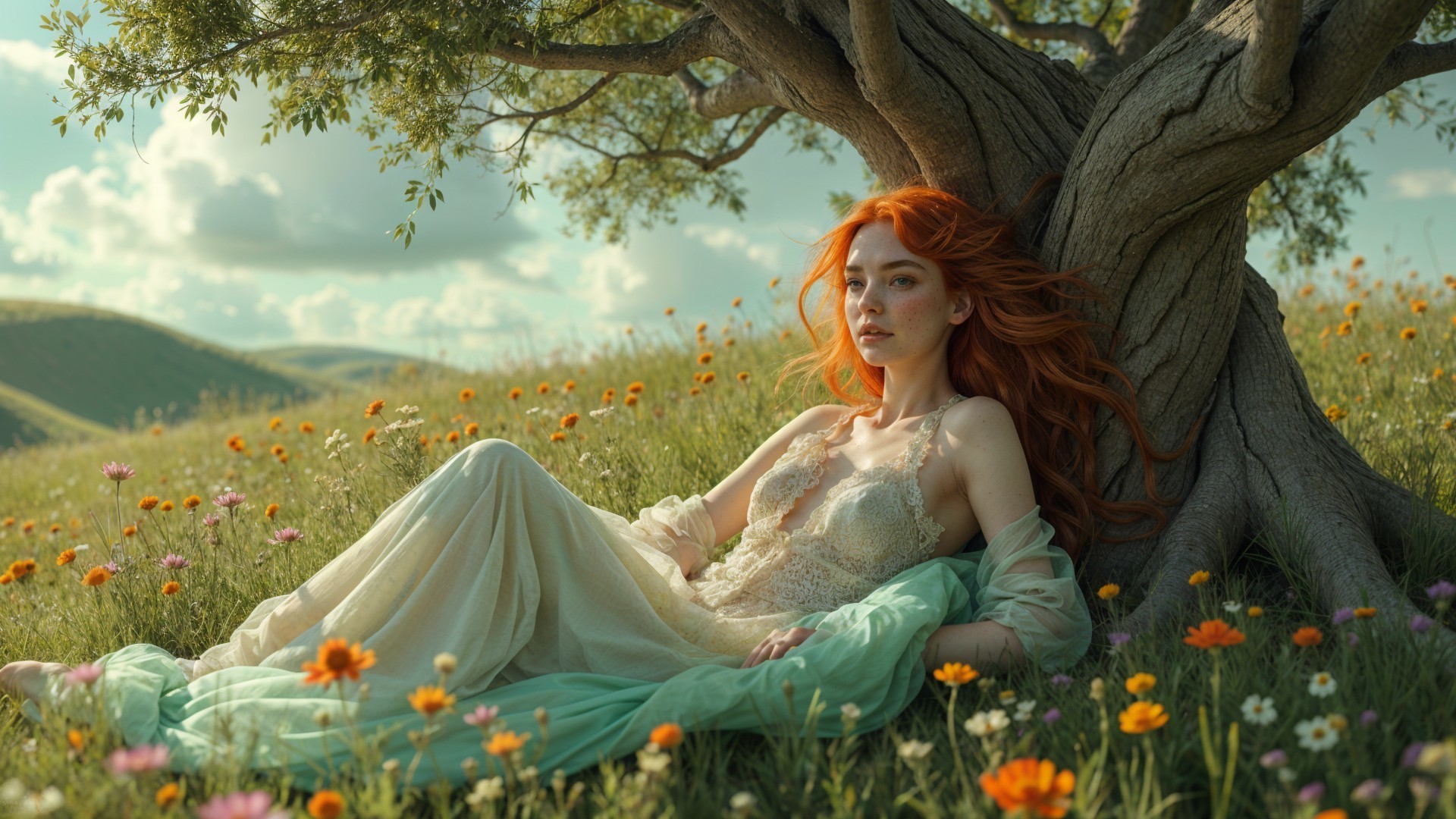 Serene Young Woman in Meadow with Wildflowers