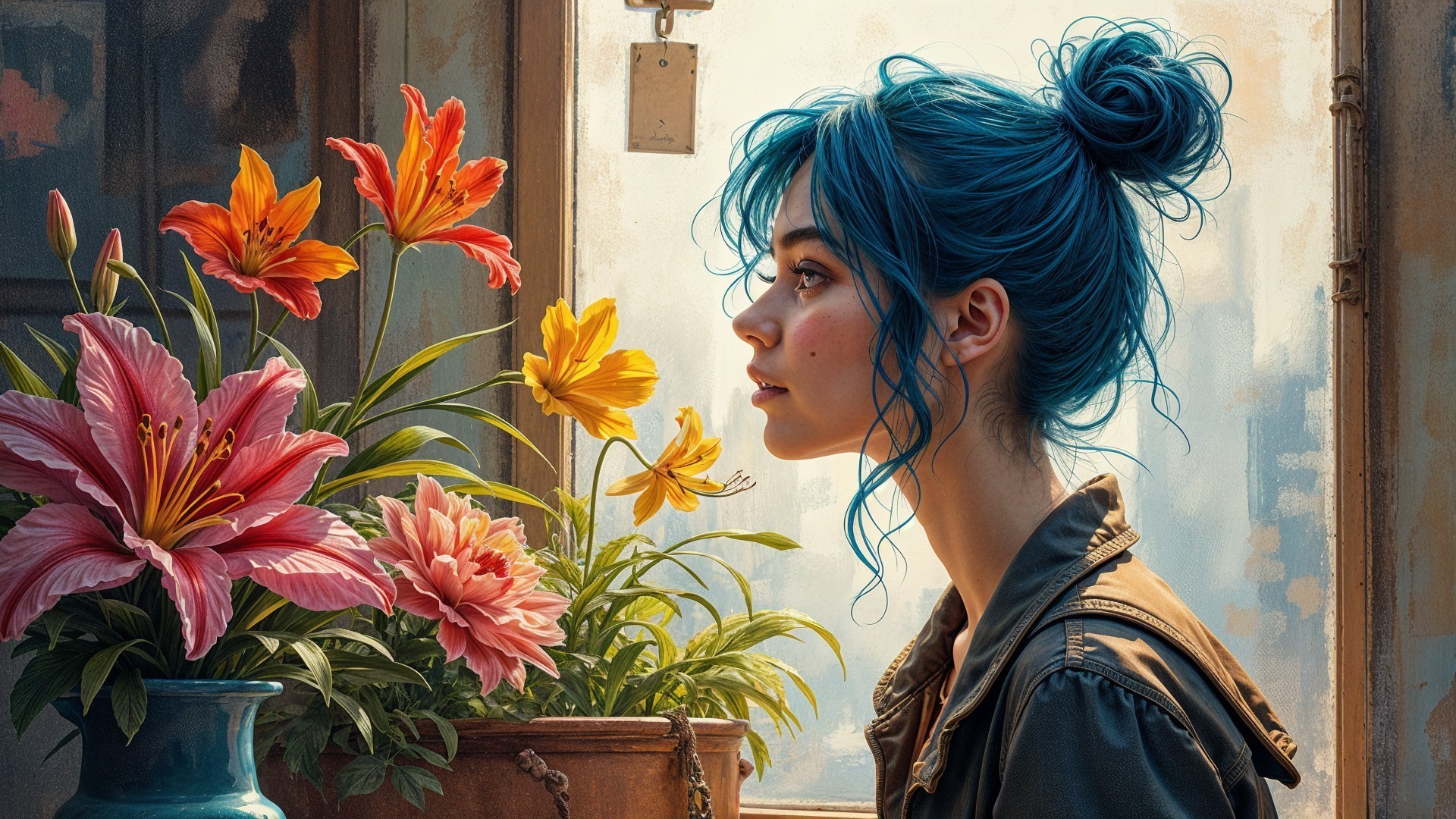 Young Woman with Blue Hair Surrounded by Flowers