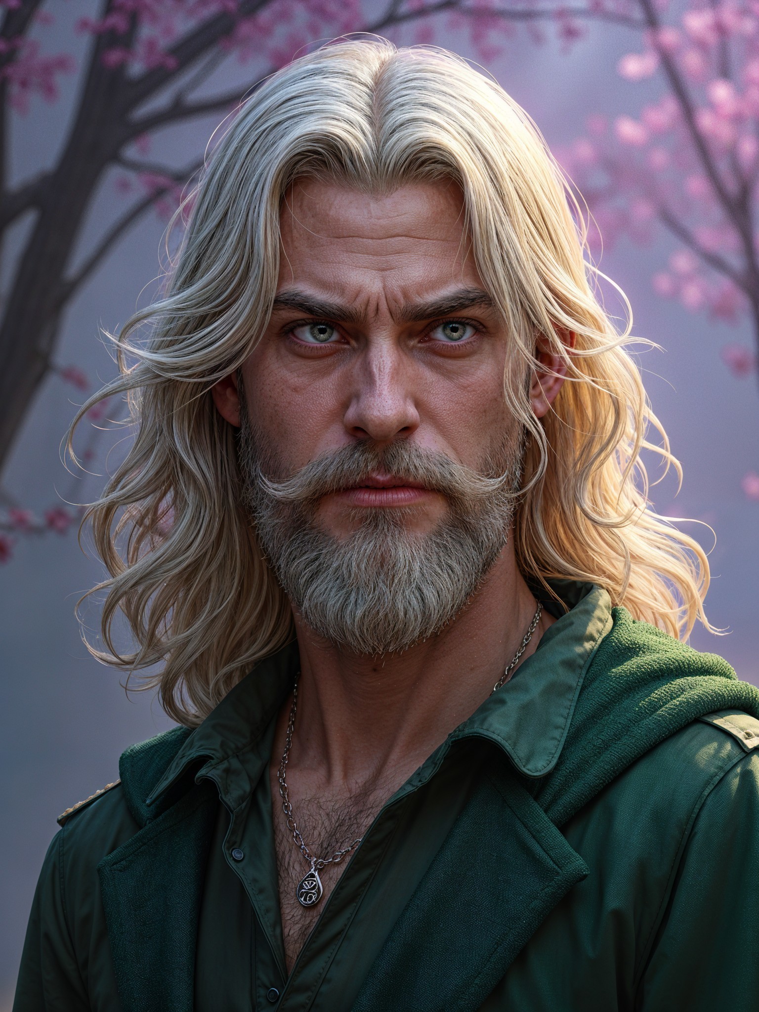 Rugged Man with Blonde Hair Among Cherry Blossoms