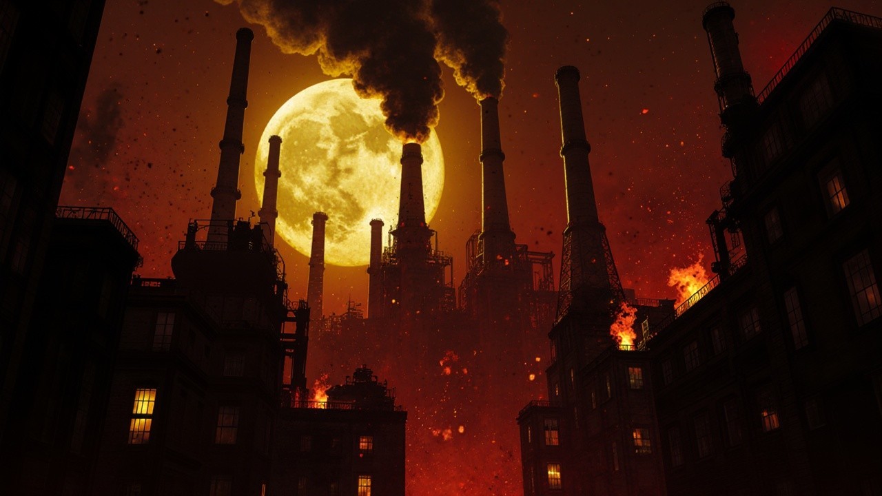 Dystopian Industrial Landscape Under Full Moon Light