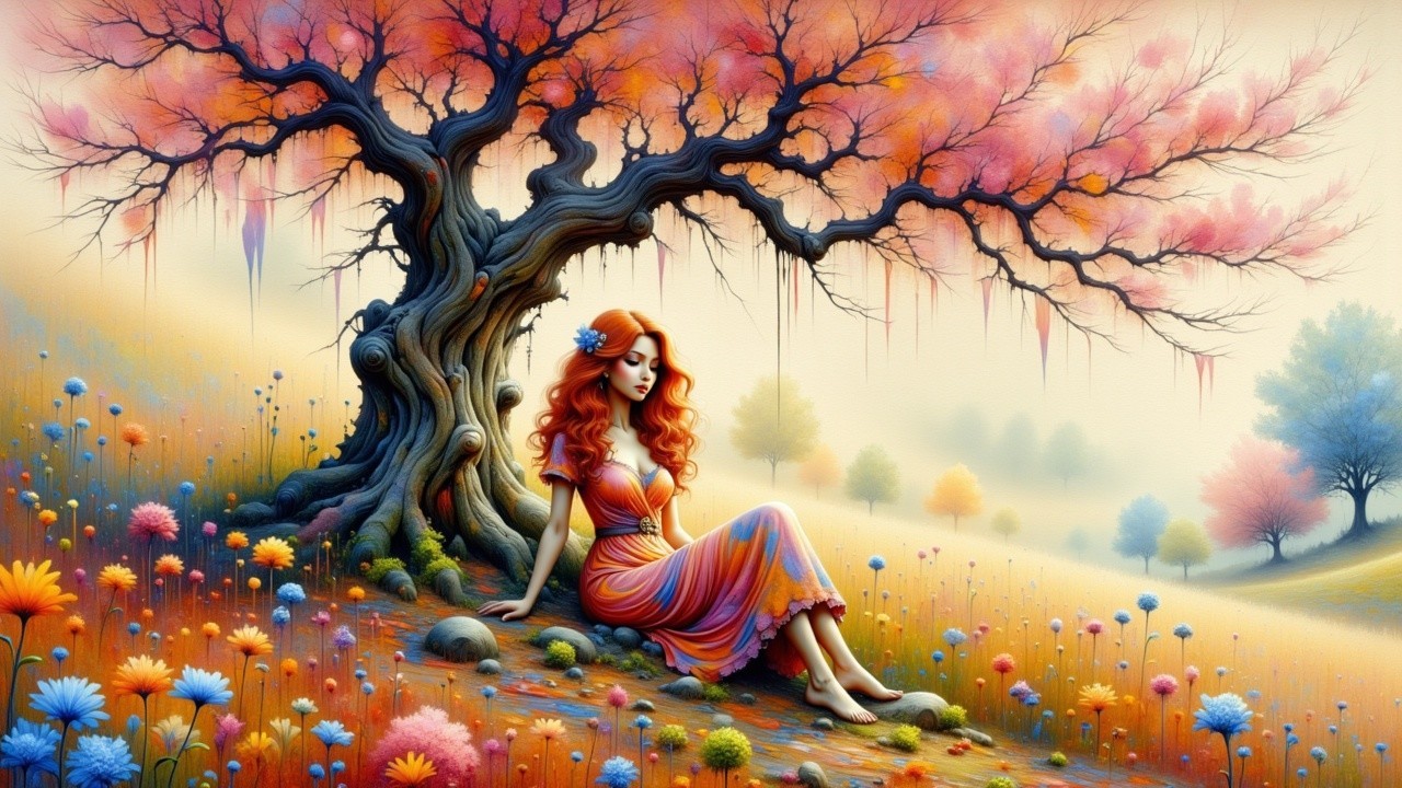 Young Woman in Pastel Dress by Blossoming Tree