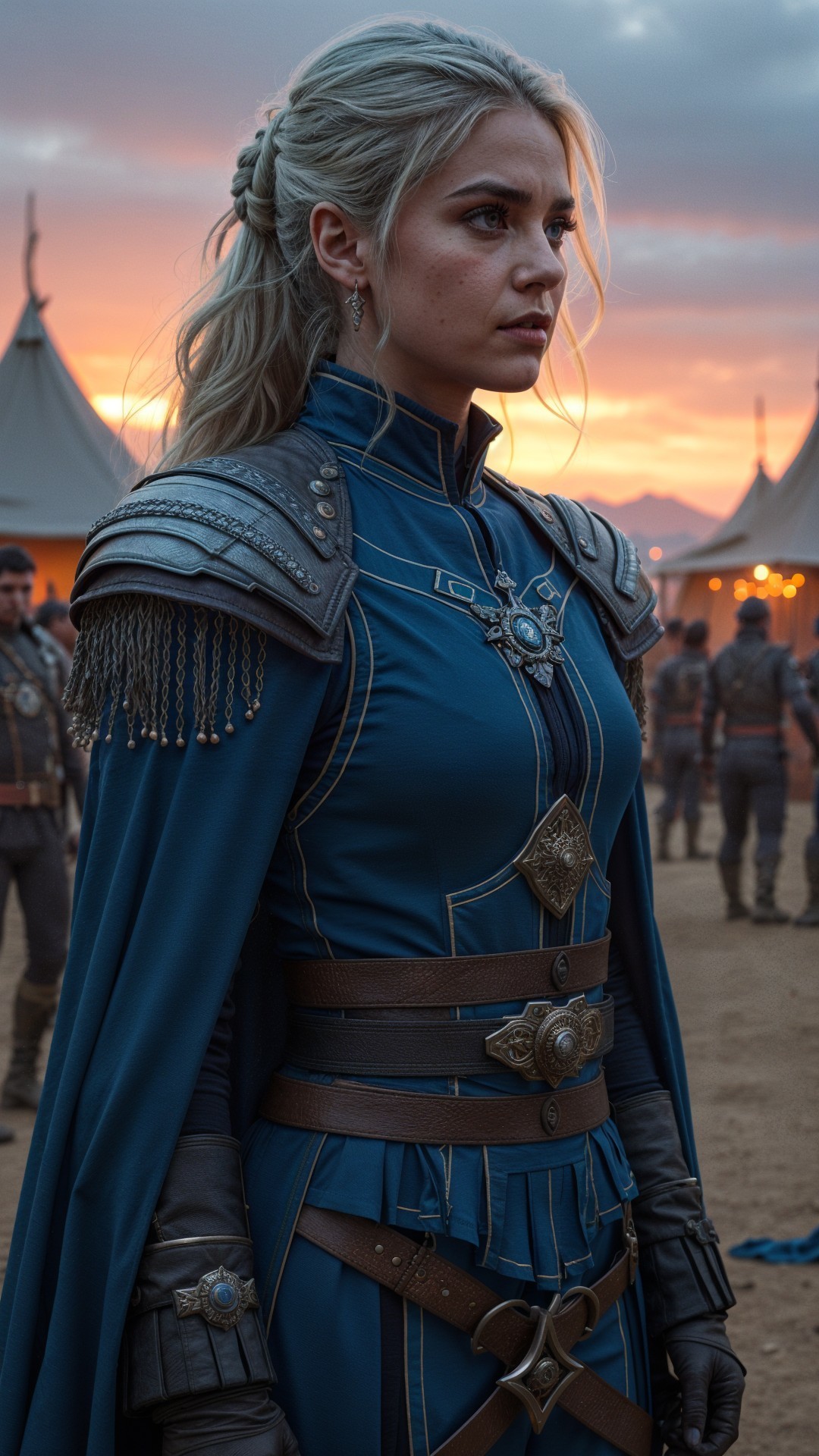 Young Woman in Ornate Blue Outfit at Sunset