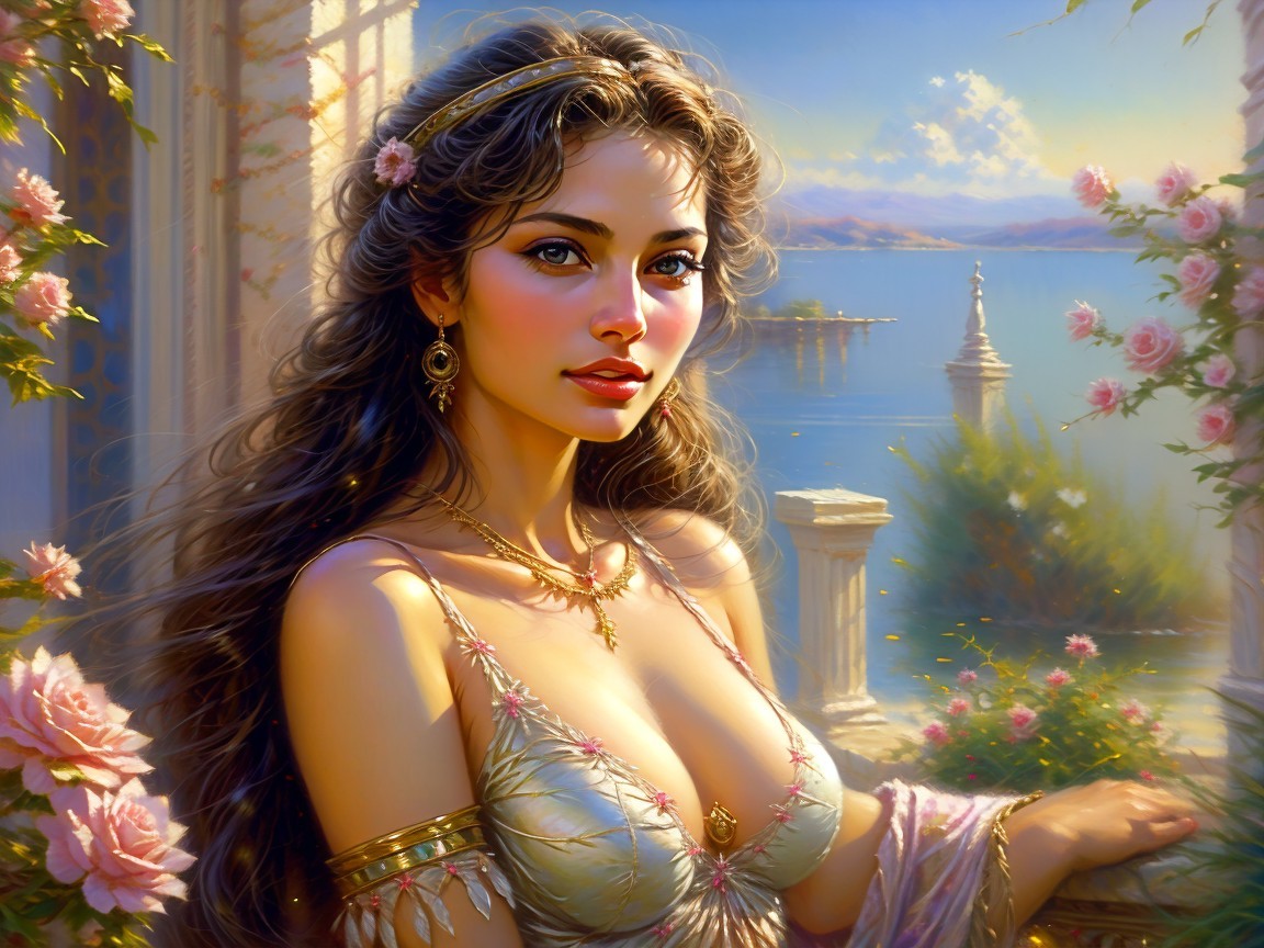 Lakeside Scene Featuring a Woman and Blooming Roses