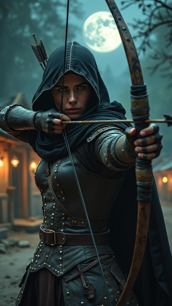 Warrior in Dark Armor Aiming Bow Under Full Moon