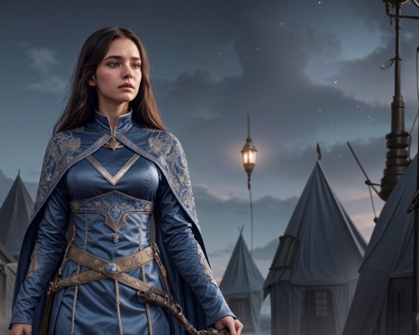 Young woman in blue garment with sword in mystical setting