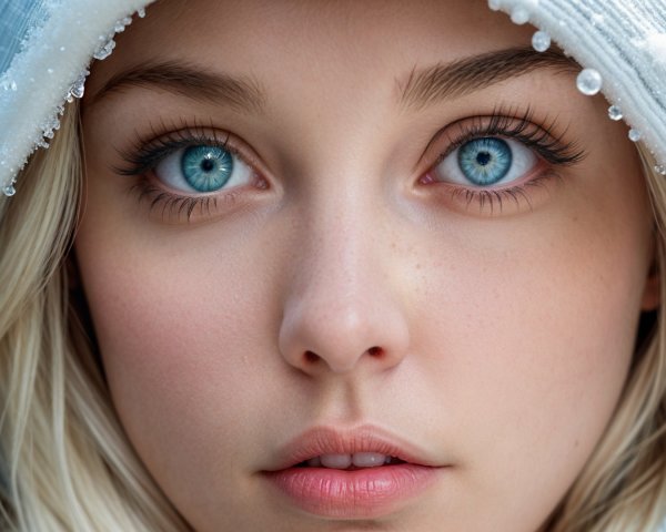 Young woman with blue eyes in winter-themed portrait
