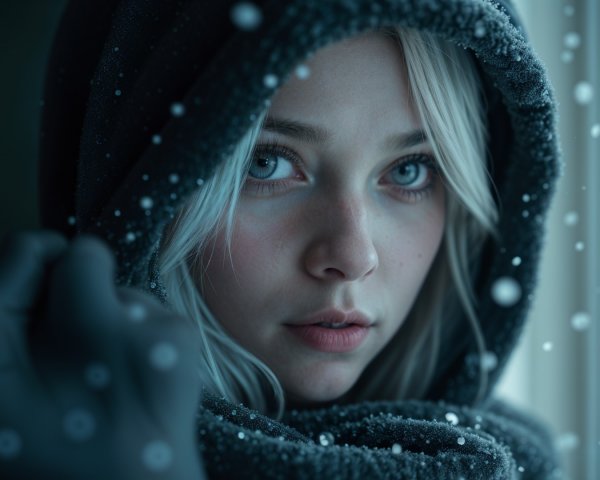 Young woman in cozy hooded garment in winter scene