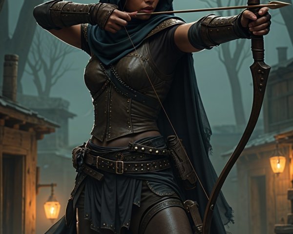 Archer in Dark Armor Poised Under Full Moon in Forest