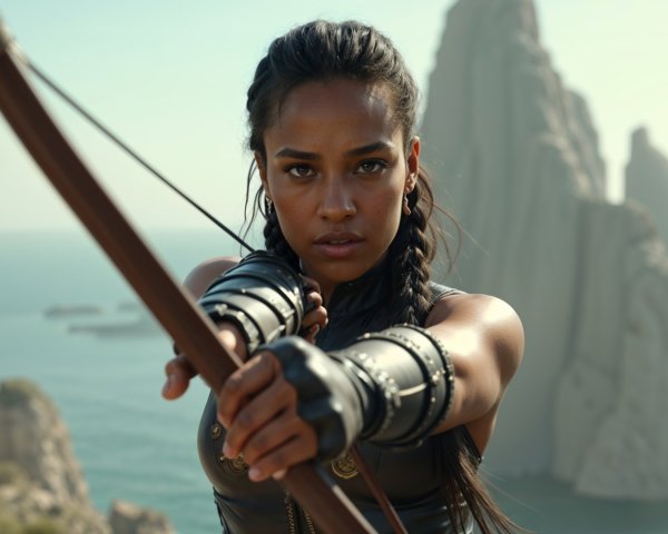 Warrior on Cliff with Bow Overlooking Ocean