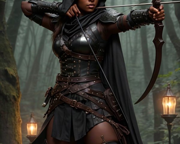 Female Archer in Misty Forest with Lanterns and Moon