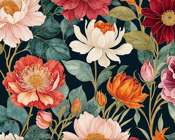 Vibrant Floral Pattern with Colorful Blossoms on Navy