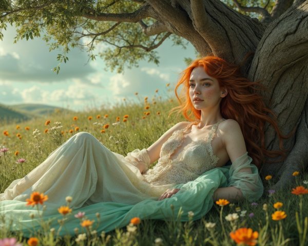 Serene Young Woman in Meadow with Wildflowers