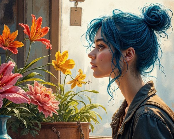 Young Woman with Blue Hair Surrounded by Flowers