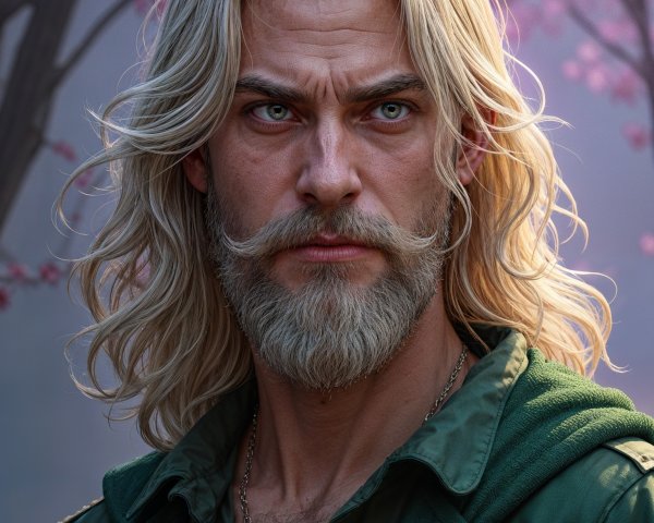 Rugged Man with Blonde Hair Among Cherry Blossoms