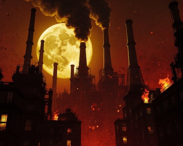 Dystopian Industrial Landscape Under Full Moon Light