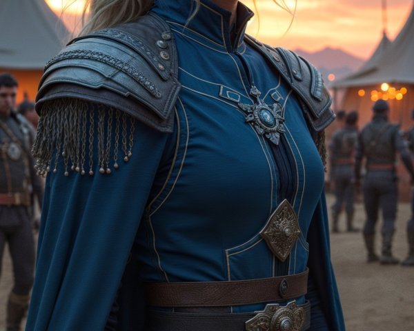 Young Woman in Ornate Blue Outfit at Sunset