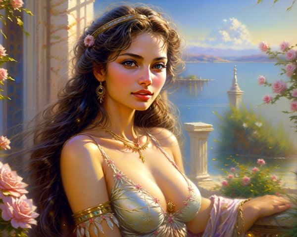 Lakeside Scene Featuring a Woman and Blooming Roses