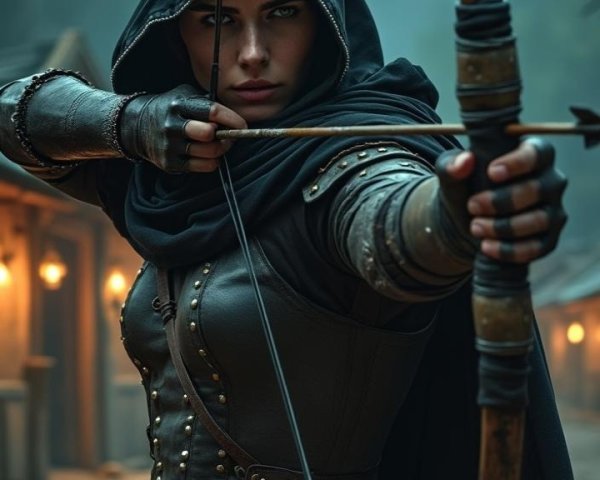 Warrior in Dark Armor Aiming Bow Under Full Moon