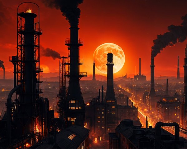 Dramatic Industrial Landscape with Red Sky and Moon