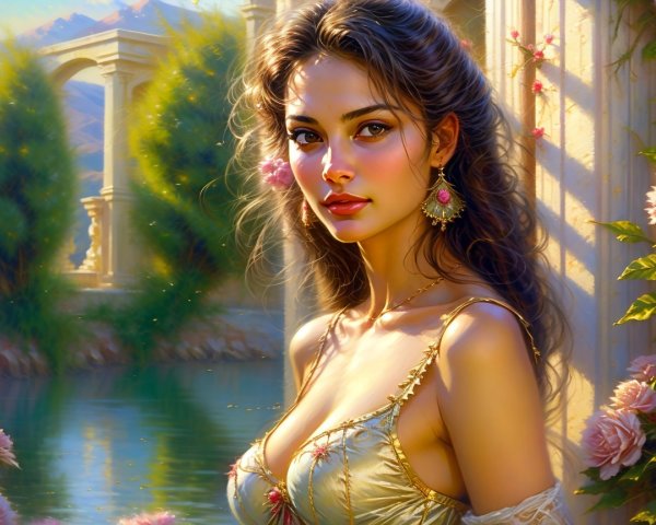 Young woman by serene waterway with blooming roses