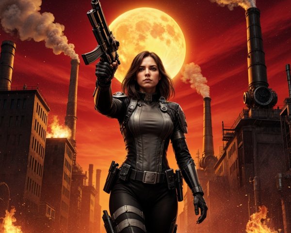 Fierce Female Warrior in Post-Apocalyptic Cityscape