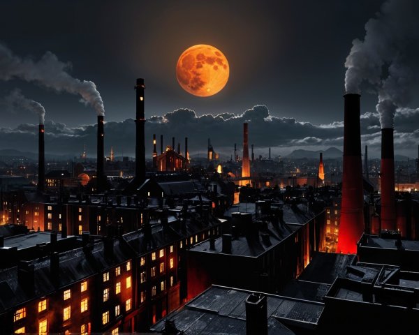 Nighttime Cityscape with Factories and Full Moon