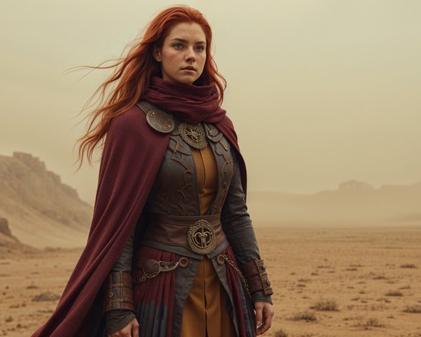 Warrior in Armor Stands in Arid Desert Landscape
