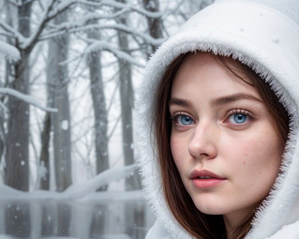 Young woman in white hood against winter landscape