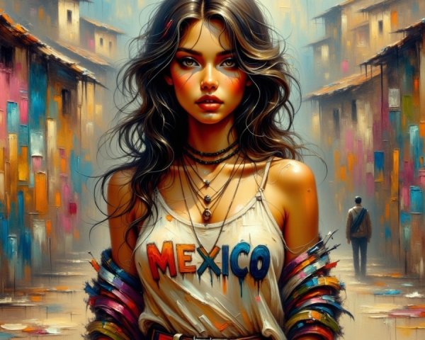 Young Woman in Colorful Urban Street Scene