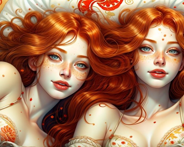 Ethereal Young Women with Red Hair on Patterned Fabric