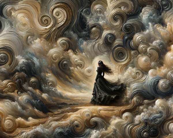 Lone Figure in Black Dress Among Swirling Clouds