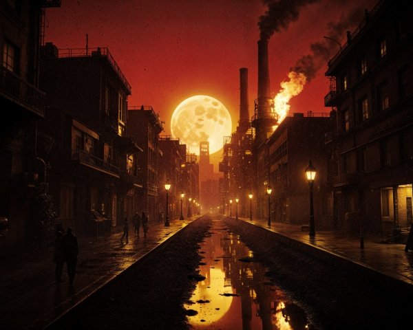 Dark Street Scene Under Glowing Moon in Crimson Sky