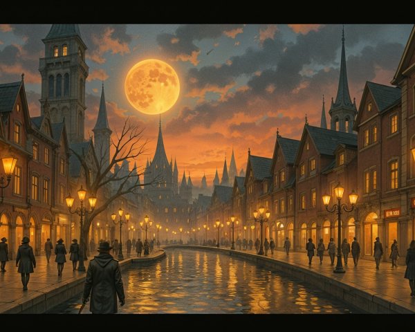 Evening Scene in a Quaint Town by the River