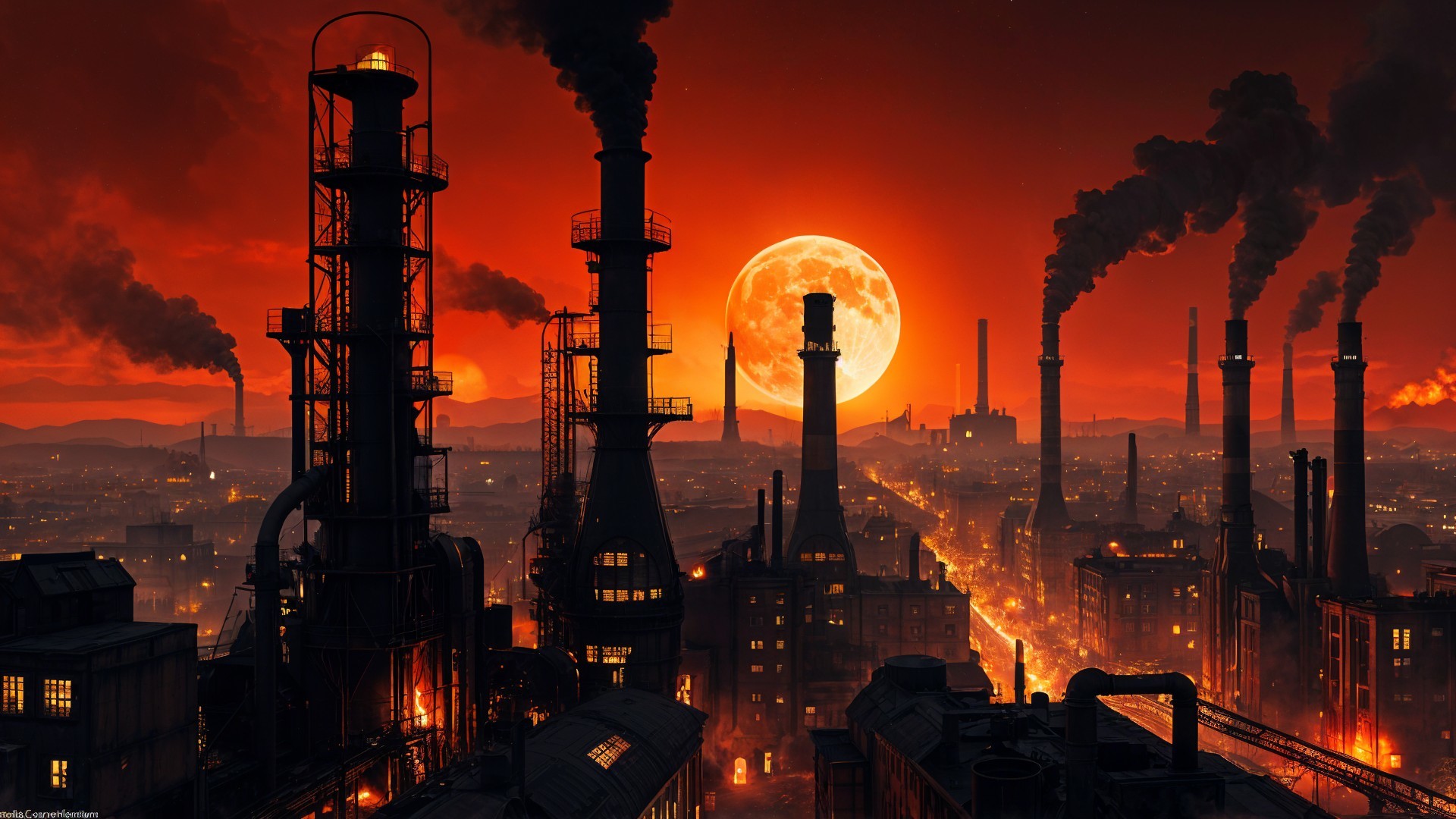 Dramatic Industrial Landscape with Red Sky and Moon