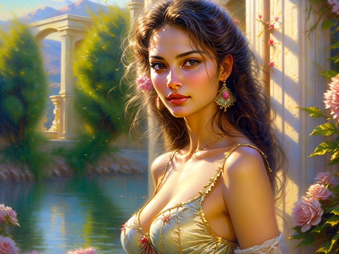 Young woman by serene waterway with blooming roses