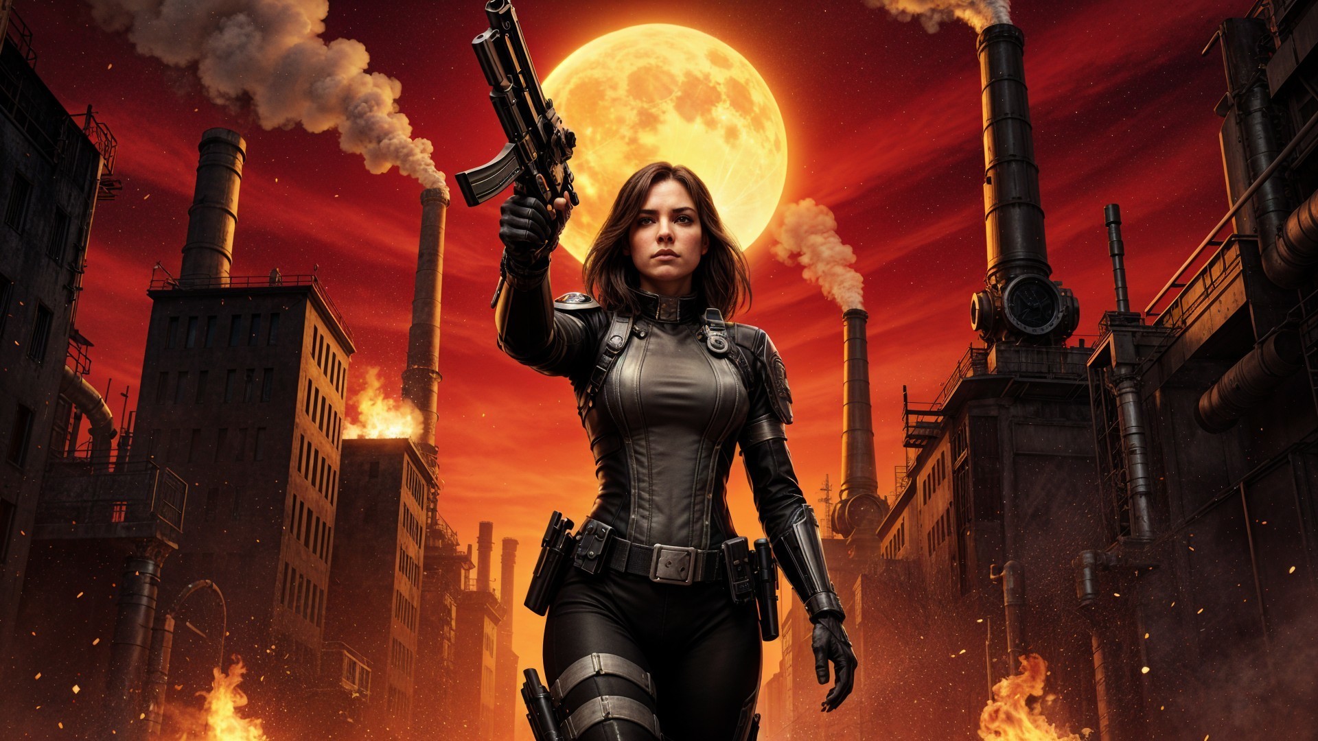 Fierce Female Warrior in Post-Apocalyptic Cityscape