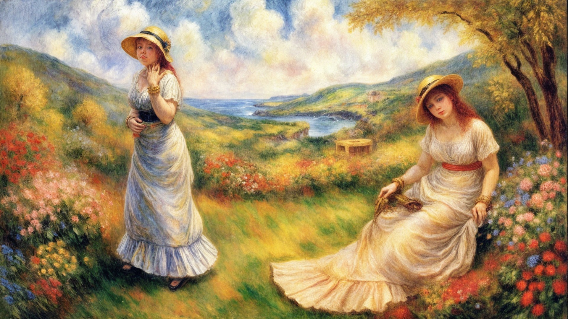 Two Women in Elegant Dresses in Floral Landscape