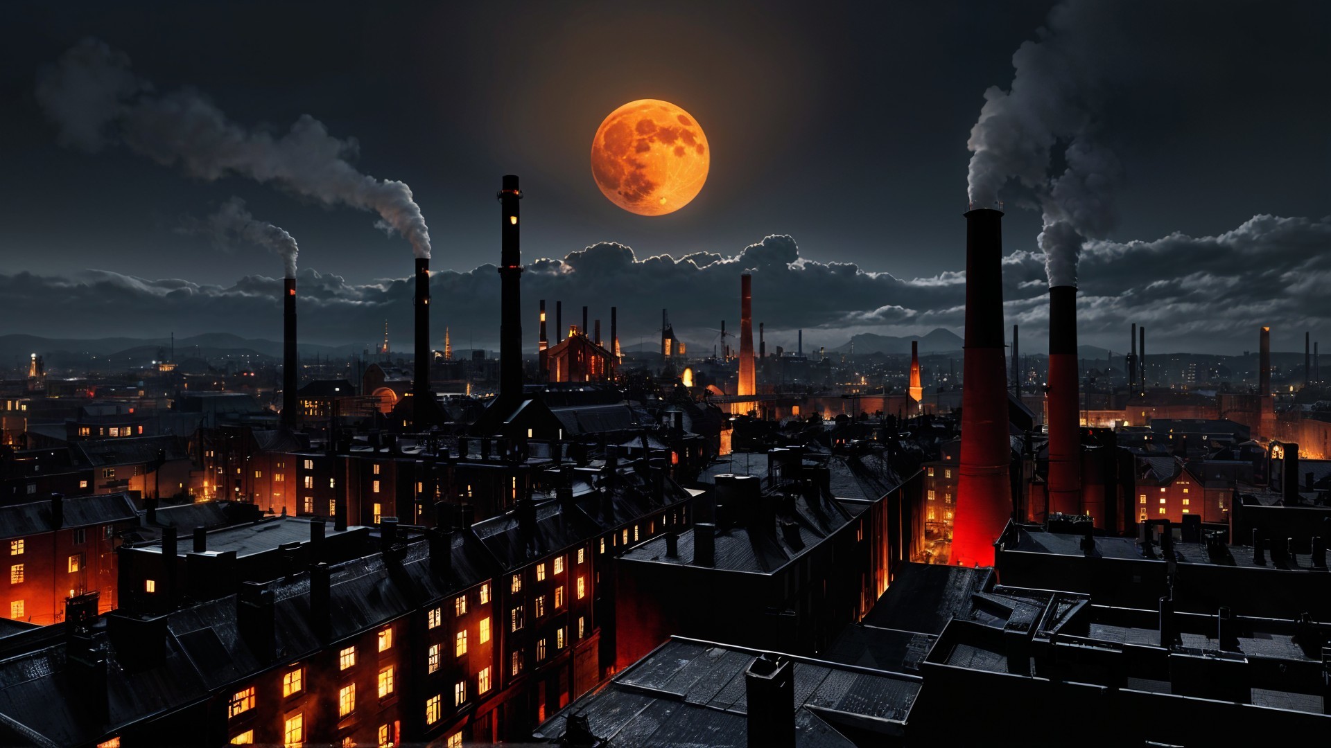 Nighttime Cityscape with Factories and Full Moon