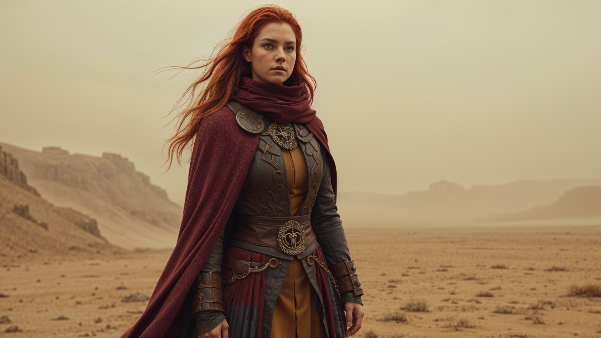 Warrior in Armor Stands in Arid Desert Landscape