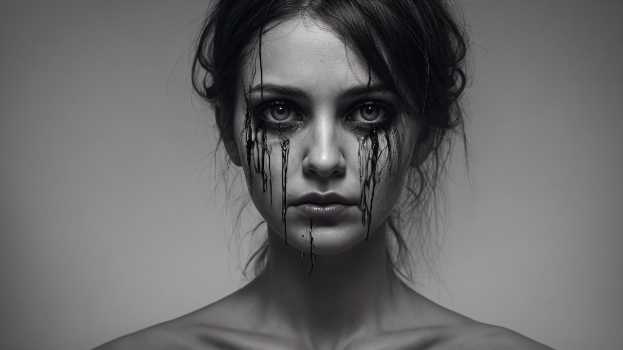 Close-up Portrait of a Young Woman with Dark Tears