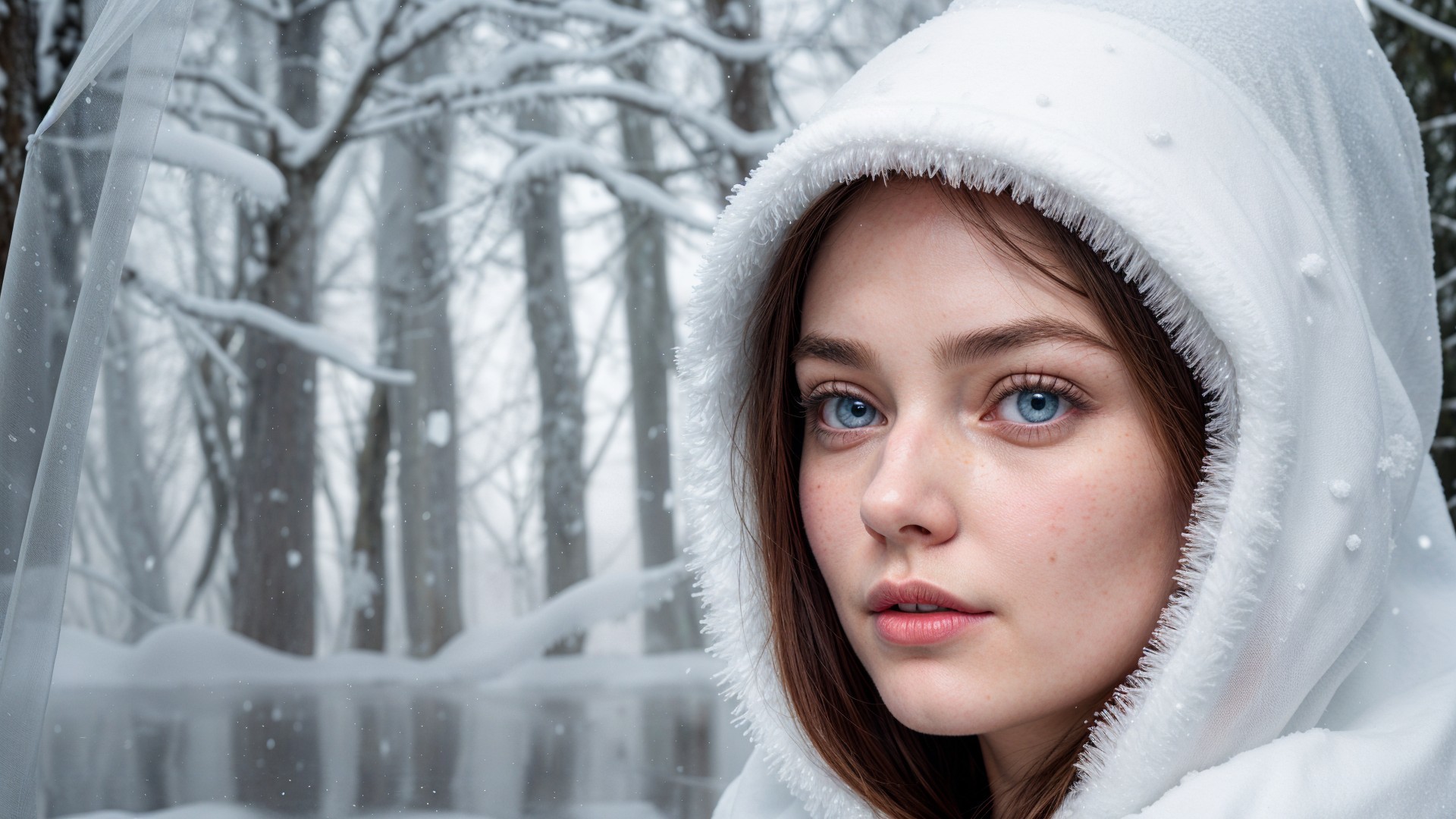 Young woman in white hood against winter landscape