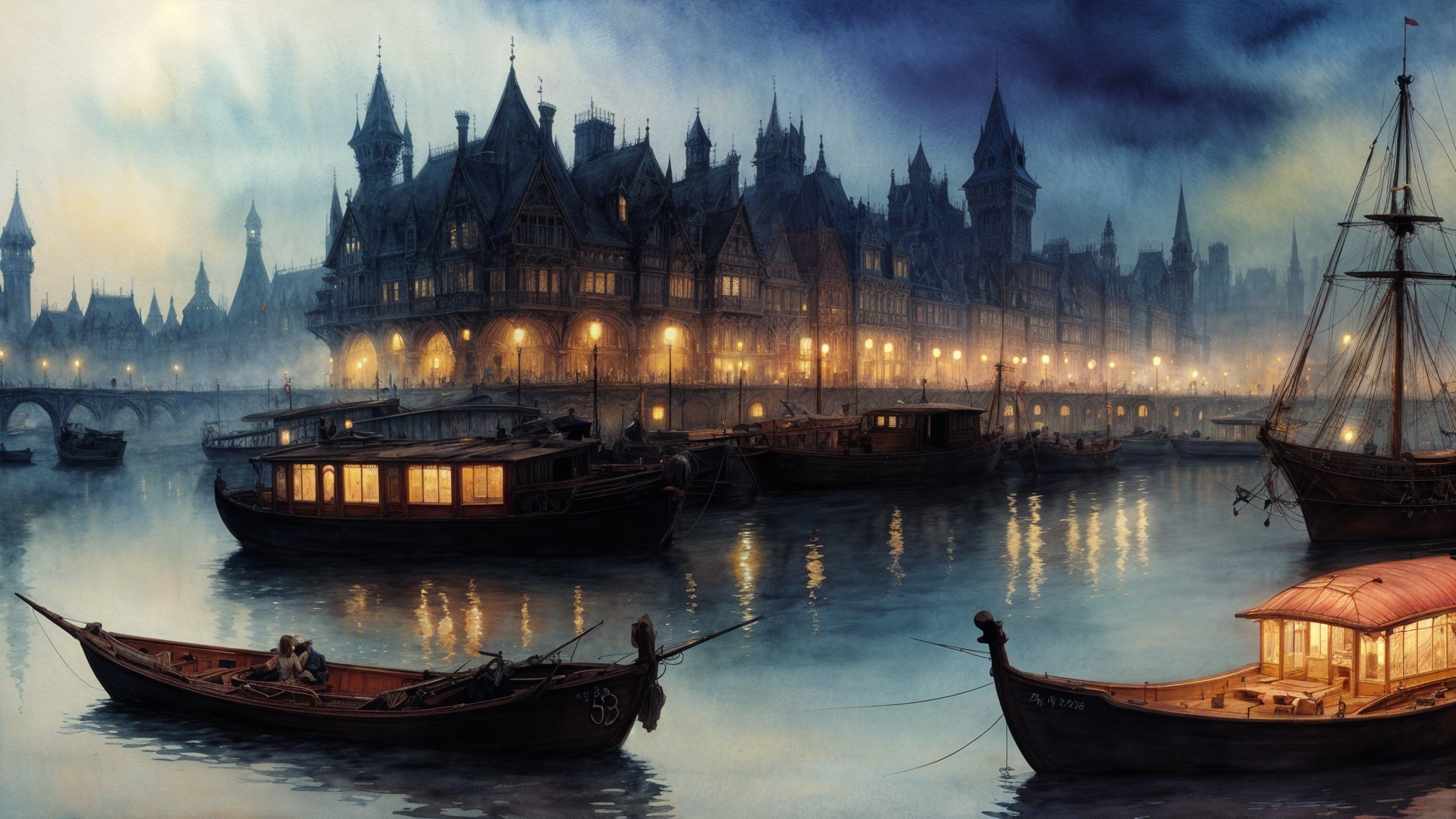 Mystical Waterfront Scene at Dusk with Historic Architecture