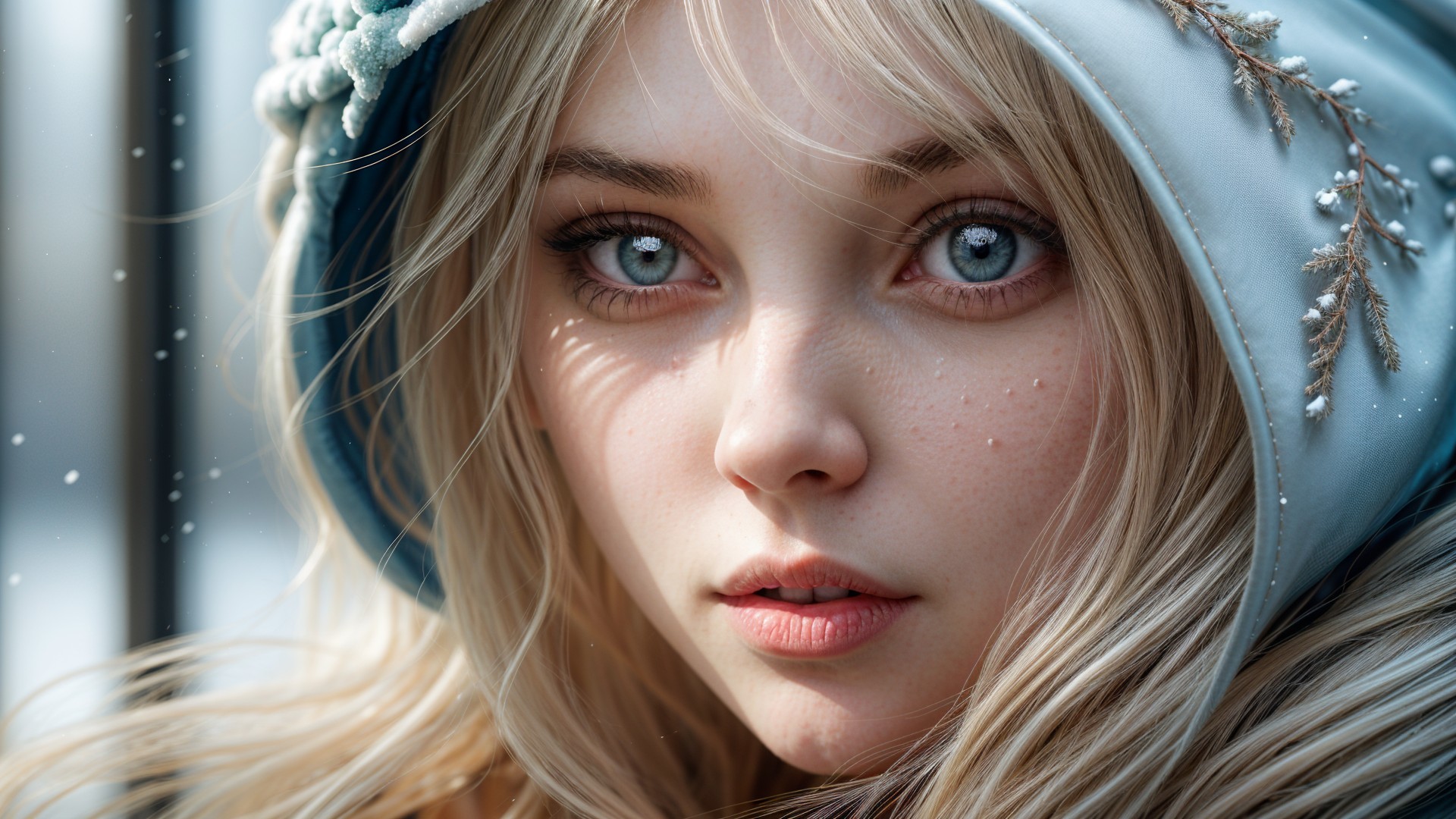Close-Up Portrait of a Young Woman in Winter Scene