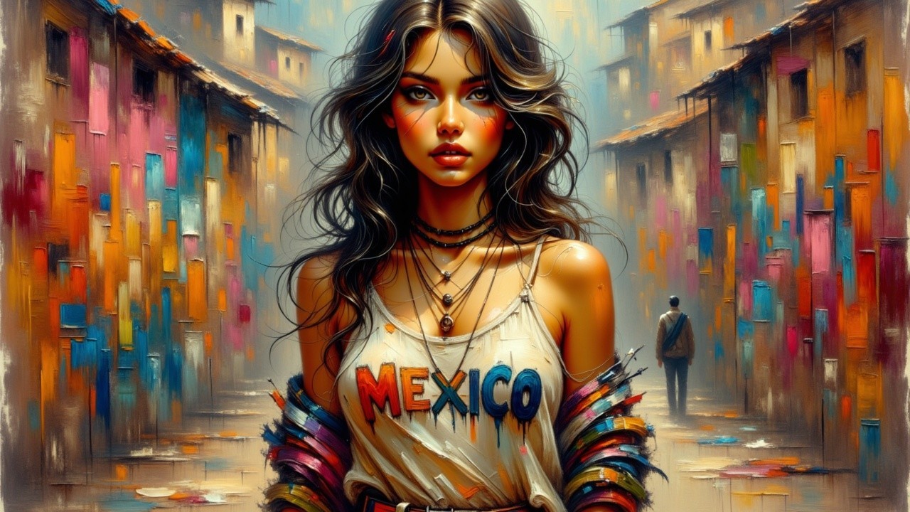 Young Woman in Colorful Urban Street Scene