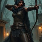 Female Archer in Misty Forest with Lanterns and Moon