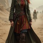 Confident Woman in Misty Landscape with Castle Backdrop