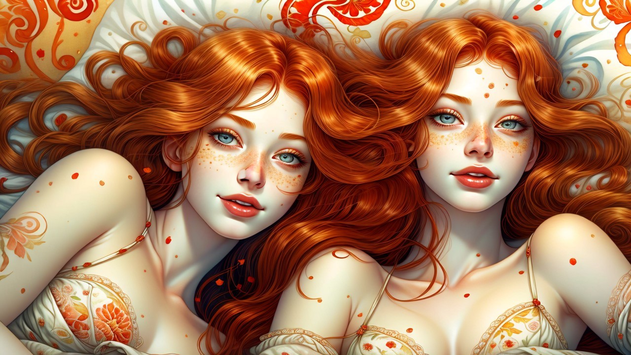 Ethereal Young Women with Red Hair on Patterned Fabric