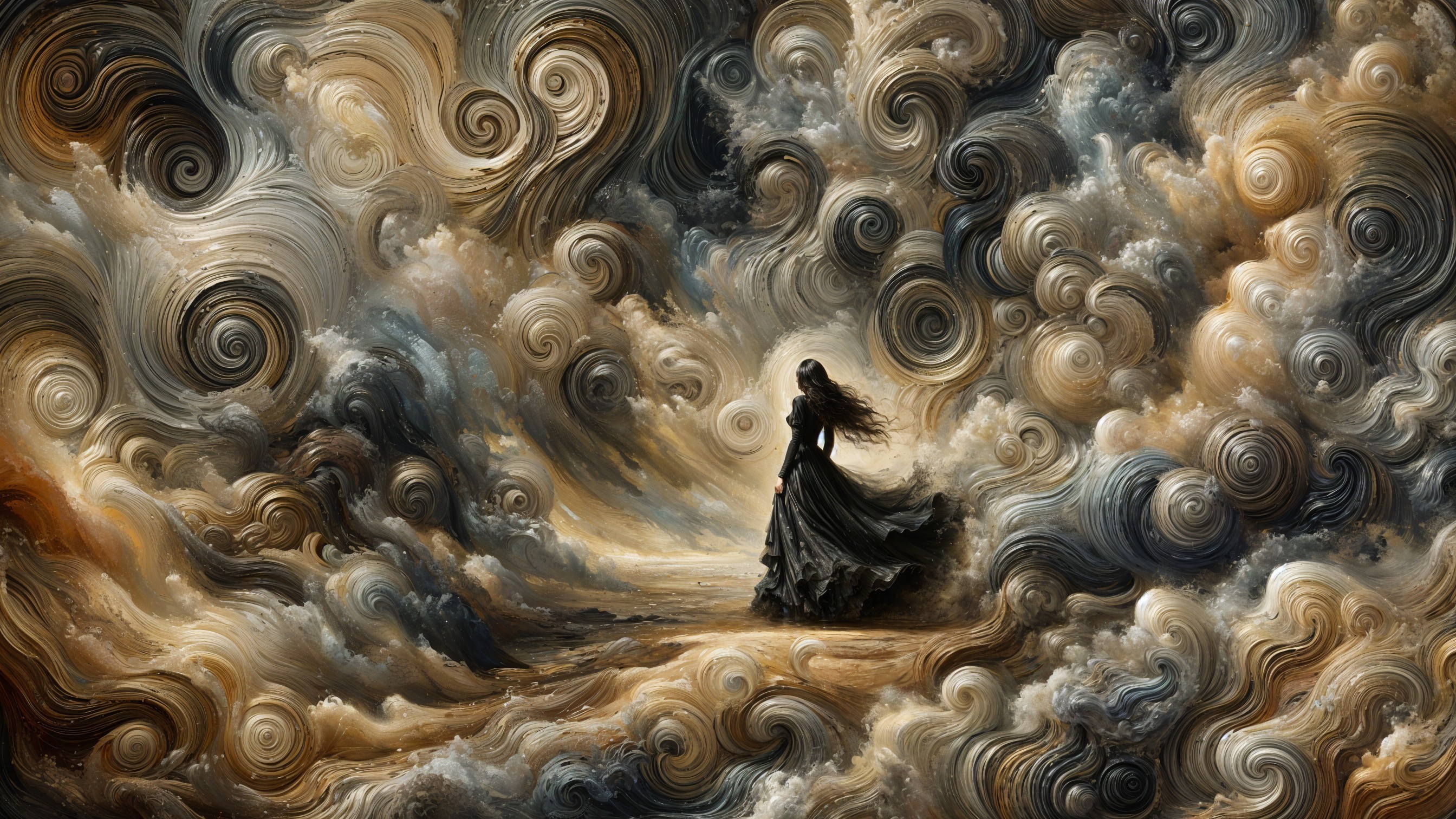 Lone Figure in Black Dress Among Swirling Clouds