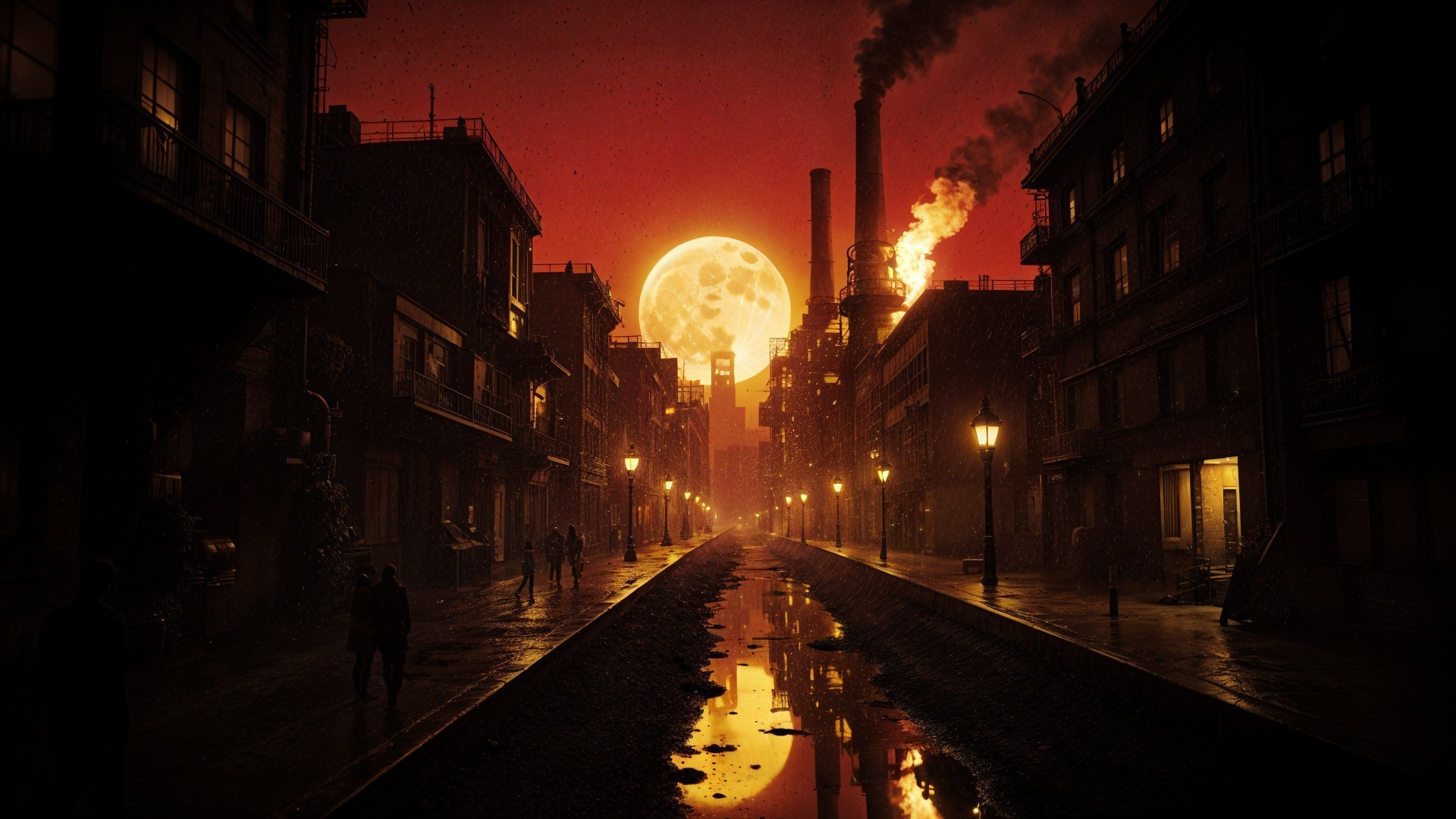 Dark Street Scene Under Glowing Moon in Crimson Sky